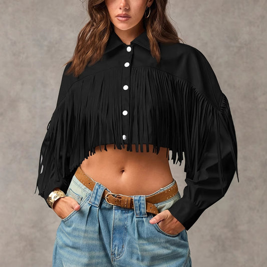 Damen Crop Bluse mit Fransen – Schwarz, Western-Stil